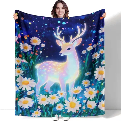 Glowing Deer Blanket with Daisies and a Starry Sky