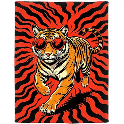 Cool Tiger Blanket with Red Sunglasses and Stripes