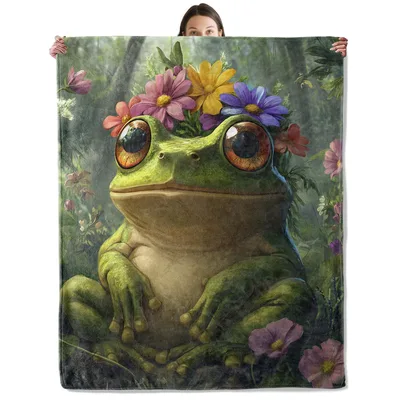 Frog Flower Crown Blanket featuring a large green frog adorned
