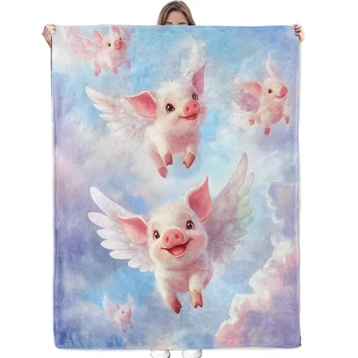 Winged Pig Blanket with Soaring Pastel Clouds