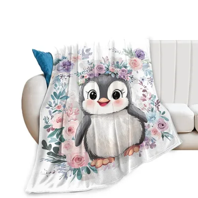 Penguin Floral Blanket featuring a cute penguin