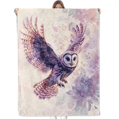 Watercolor Owl Flying Blanket: Soft Fleece Throw with Purple Art
