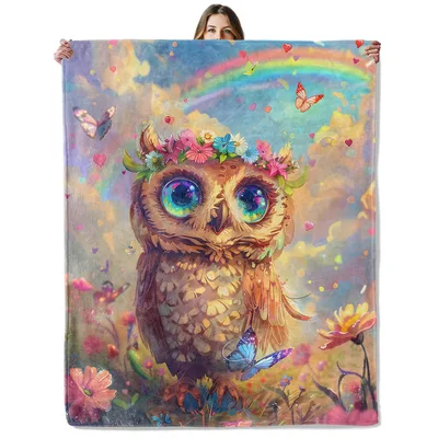 Whimsical Owl Blanket with Rainbow and Butterflies