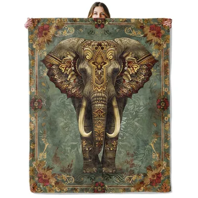 Ethnic Elephant Art Blanket: Ornate Design with Floral Borders