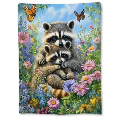 Raccoon Hugs Blanket: Cuddly Floral Raccoon Throw