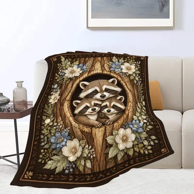 Raccoon Family Blanket: Woodland Floral Cozy Throw