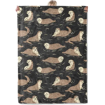 Swimming Otters on Dark Blanket: Cozy Print for Animal Lovers