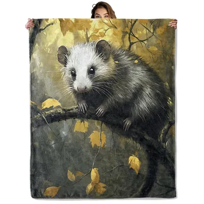 Autumn Forest Animal Blanket: Opossum on a Golden Branch