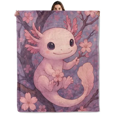 Cute Pink Axolotl Cherry Blanket for Cozy Days