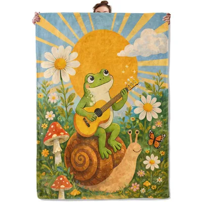 Cute Frog Guitar Blanket with Sunny Garden Scene