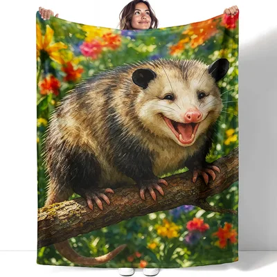 Happy Possum Blanket: A Grinning Opossum in Flowers
