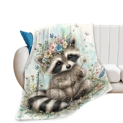 Raccoon Floral Watercolor Blanket for Animal Lovers