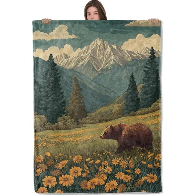 Bear in Mountains Blanket: A Meadow Scene for Your Couch