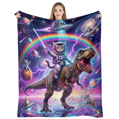 Cat Astronaut Blanket with a Dino Ride Through Space