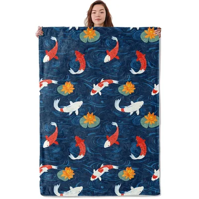 Koi Fish Pattern Blanket: Swirling Pond Design with Orange Flowers
