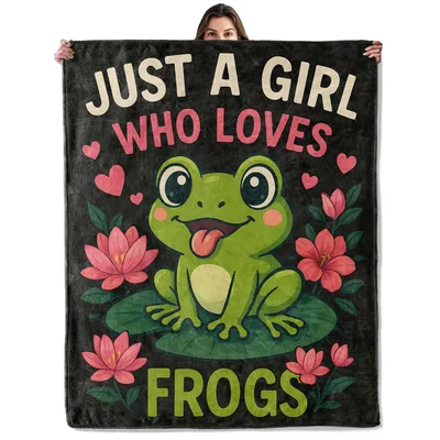Frog on Lily Pads Black Blanket with a smiling green frog