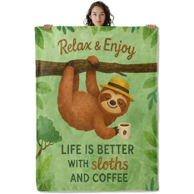 Relax and Enjoy Blanket: Sloth With Coffee Throw