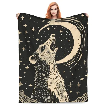 Wolf Howling at Moon Blanket for Night Owls and Dreamers