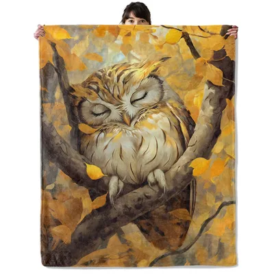 Owl Autumn Leaves Blanket: A Sleepy Owl Among Golden Leaves
