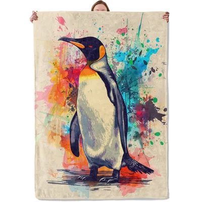 Penguin in Watercolor Splashes Blanket for Animal Lovers