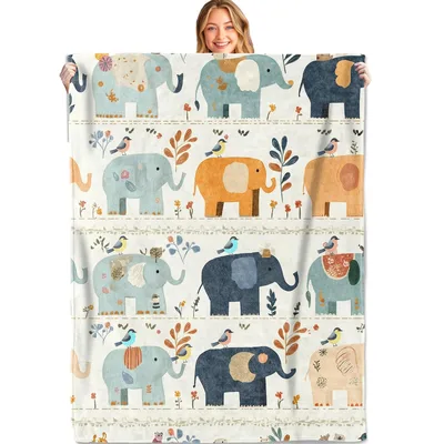 Elephant Birds Floral Pattern Blanket for Nature Lovers