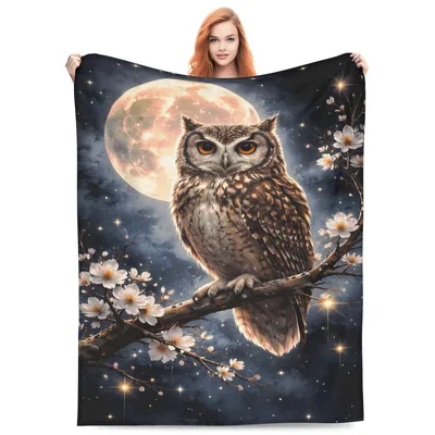 Owl in Blossoms Under Blanket: A Moonlit Night Sky Throw