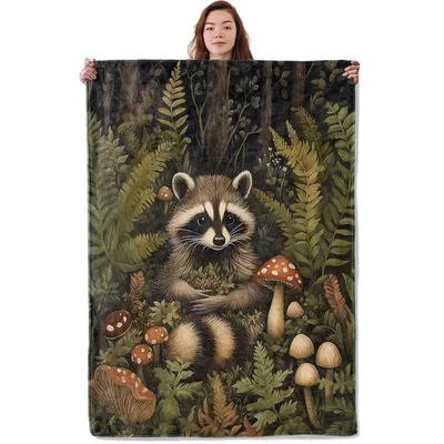 Raccoon Forest Blanket: A Woodland Scene With Mushrooms