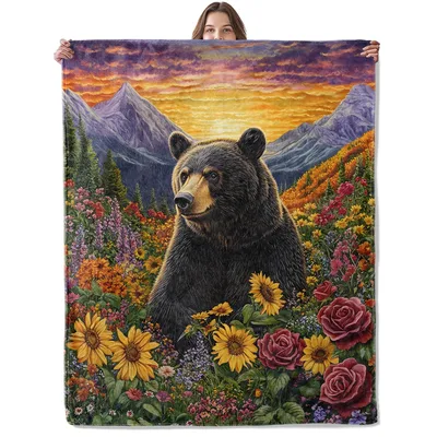 Bear in Wildflower Meadow Blanket for Nature Lovers