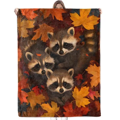 Three Raccoons in Maple Blanket: Autumn Leaves Throw