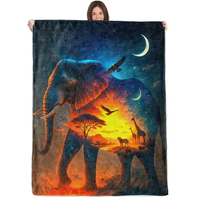 Elephant African Sunset Blanket for Animal Lovers and Dreamers
