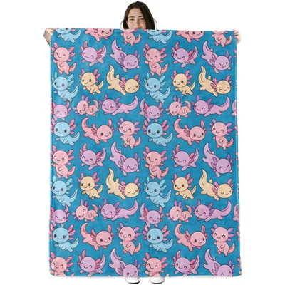 Blue Background Kawaii Axolotl Blanket for Cozy Days