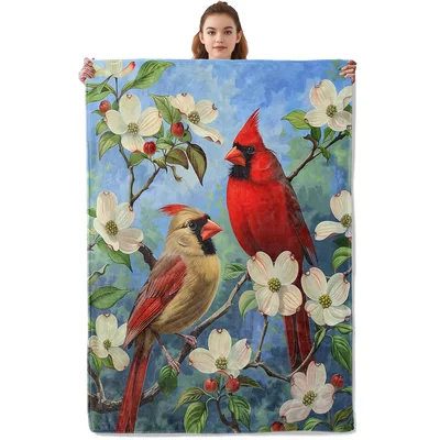 Dogwood Flowers Blanket with Two Cardinals on a Branch