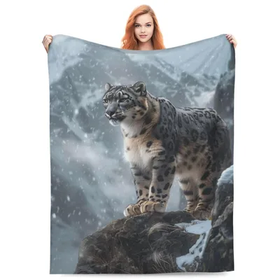Wildlife Cat Blanket: A Snow Leopard on a Stormy Peak