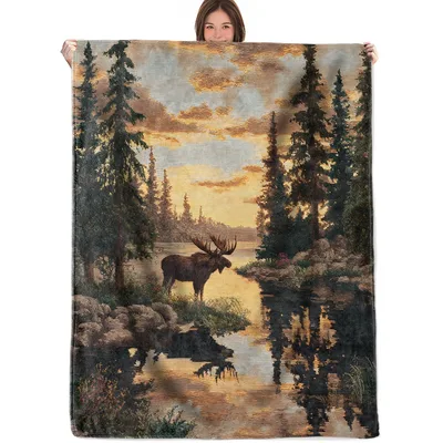 Moose Lake Blanket: Sunset Forest Scene for Cozy Nights