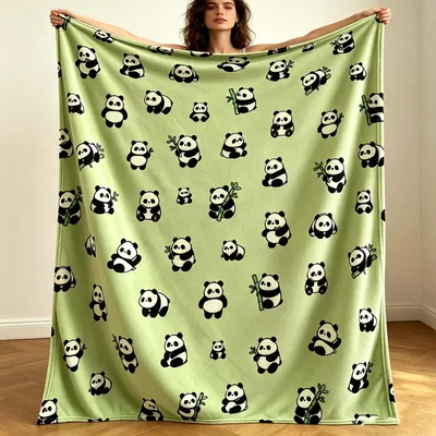 Panda Pattern on Green Blanket: Cute Pandas with Bamboo