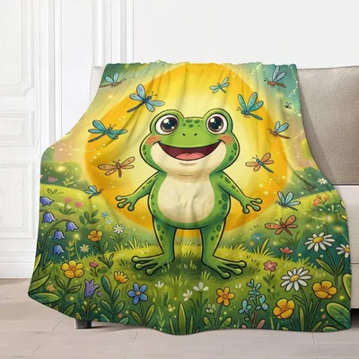 Cute Green Frog Dragonflies Blanket featuring a smiling amphibian