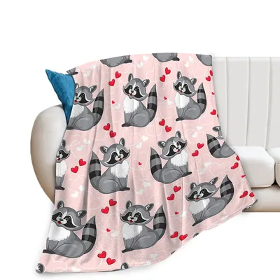 Raccoon Pattern with Hearts Blanket featuring cute cartoon raccoons