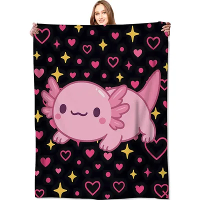 Pink Axolotl with Hearts Blanket: Cute Pink Creature on Black
