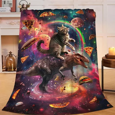 Cat Riding Dinosaur Blanket: Feline T-Rex Space Adventure