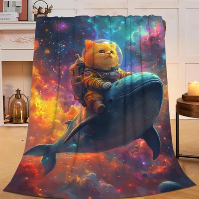 Cat Astronaut Riding Whale Blanket: Whimsical Space Cat Art