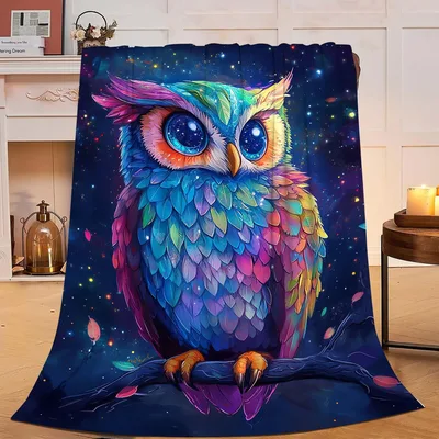Colorful Owl on Branch Blanket: A Cosmic Night Sky Design