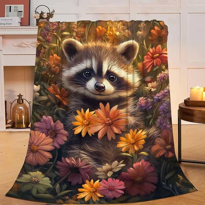 Raccoon Among Orange Flowers Blanket