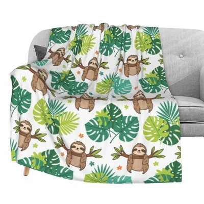 Sloths Among Green Leaves Blanket: Cute Sloth and Monstera Pattern