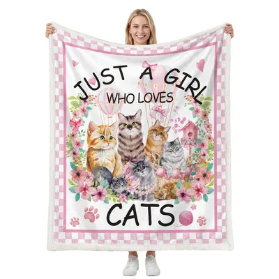 Just a Girl Blanket: Feline Love with Hot Air Balloons and Flowers