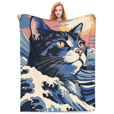 Japanese Wave Cat Painting Blanket: Feline Art in Ukiyo-e Style