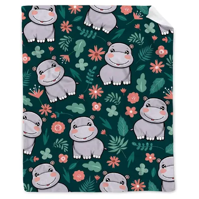 Hippos and Flowers Pattern Blanket: Cute Hippo Floral Design