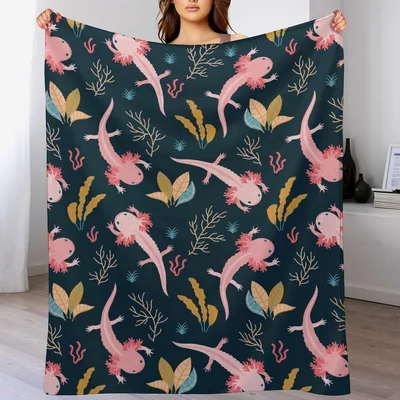 Axolotl Pattern with Leaves Blanket featuring pink axolotls