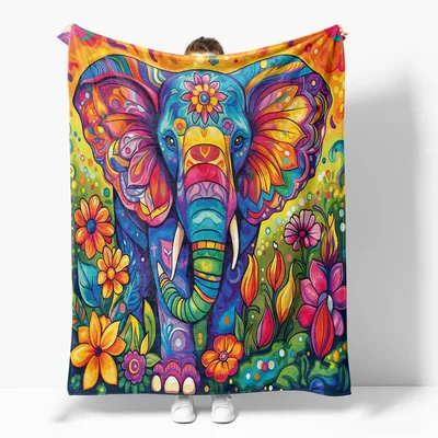 Colorful Elephant Blanket: Bohemian Hippie Art with Flowers