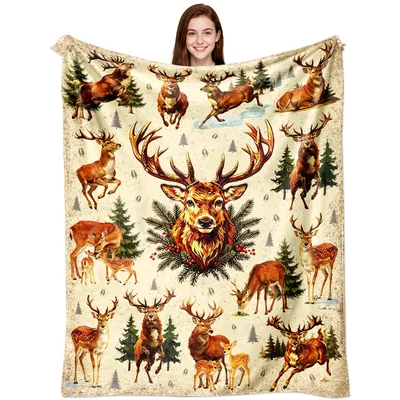 Deer and Pine Trees Blanket: Nature Print with Majestic Stag