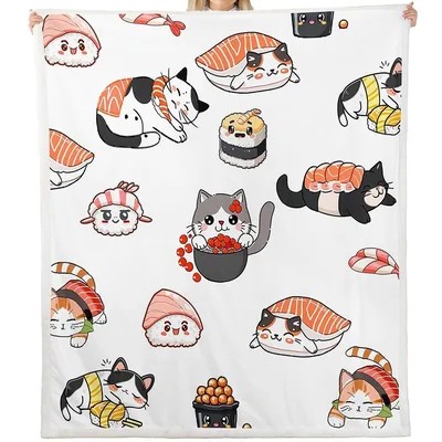 Cute Cat Sushi Pattern Blanket: Kawaii Feline Food Art